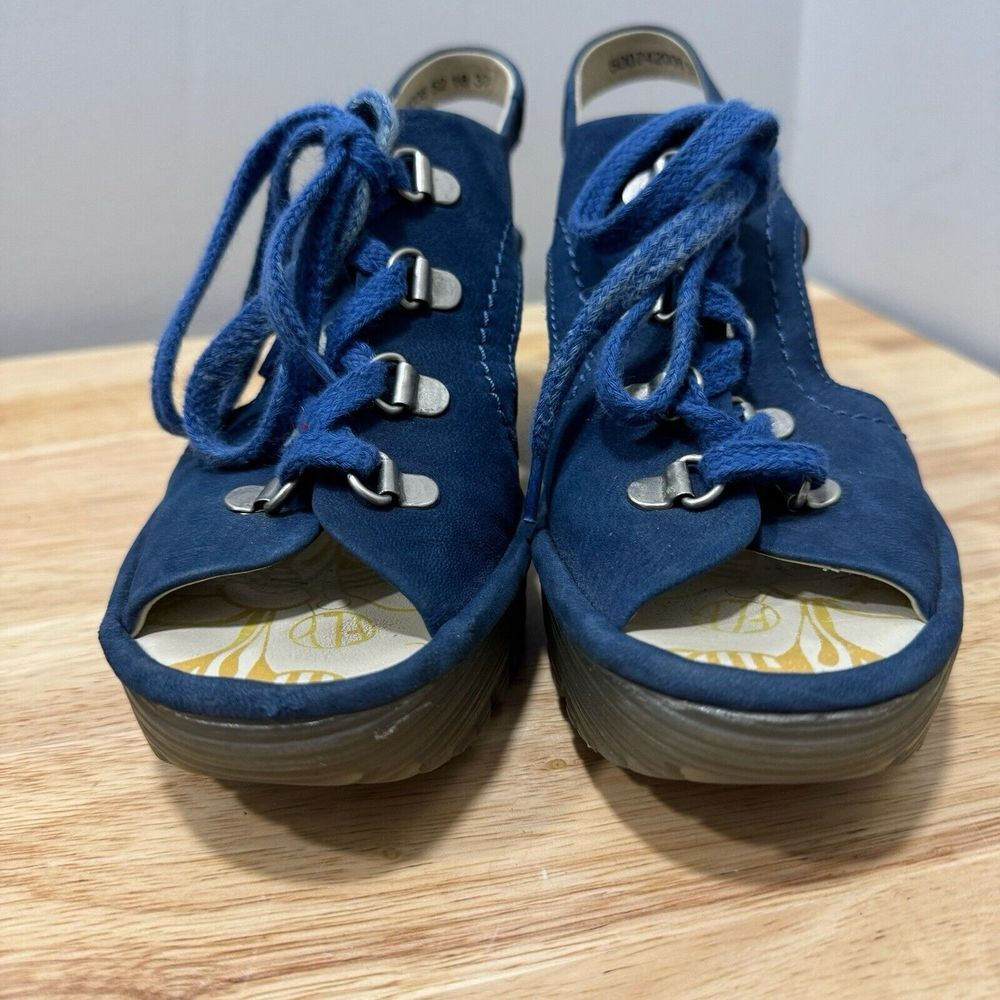 Fly London Women's‎ 6.5 Blue Suede Lace Up Wedge Sandals Open Toe Comfort Shoes